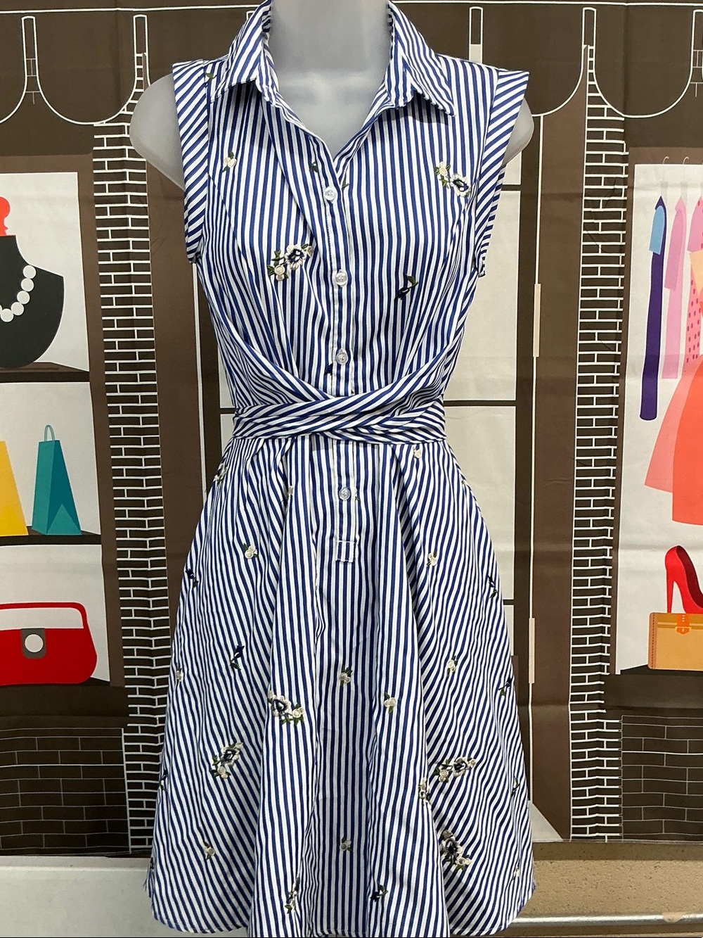 Lucy Paris Blue and White Striped Midi Dress with Floral Embroidery. #2243